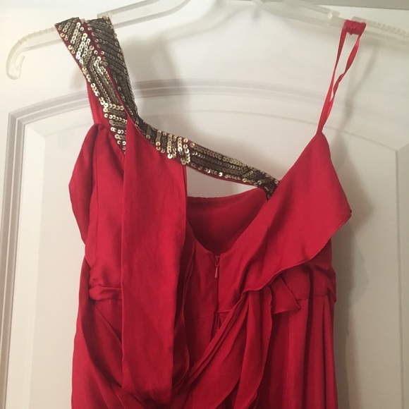 Red Silk One Shoulder BCBG Floor Length Gown - Picture 5 of 6